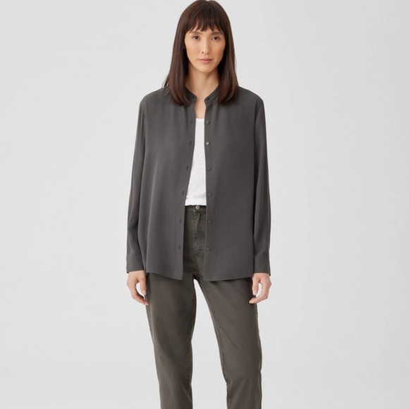 Eileen Fisher Silk Georgette Crepe Band Collar Grove Shirt S - Picture 6 of 8
